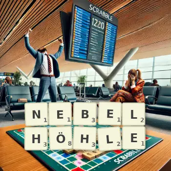 Kreative Illustration für ein Scrabble-Spiel, bei dem das Wort NEBELHÖHLE mit Steinen auf dem Brett gelegt wurde.