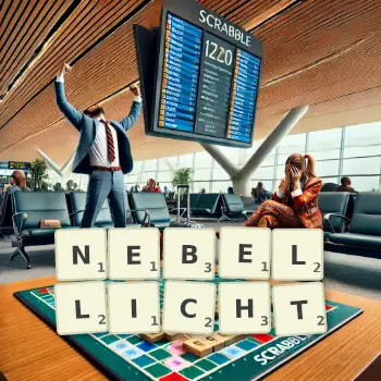 Kreative Illustration für ein Scrabble-Spiel, bei dem das Wort NEBELLICHT mit Steinen auf dem Brett gelegt wurde.