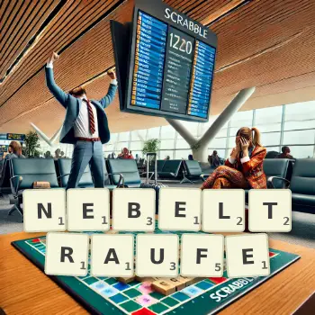 Kreative Illustration für ein Scrabble-Spiel, bei dem das Wort NEBELTRAUFE mit Steinen auf dem Brett gelegt wurde.