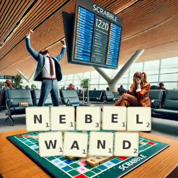Kreative Illustration für ein Scrabble-Spiel, bei dem das Wort NEBELWAND mit Steinen auf dem Brett gelegt wurde.