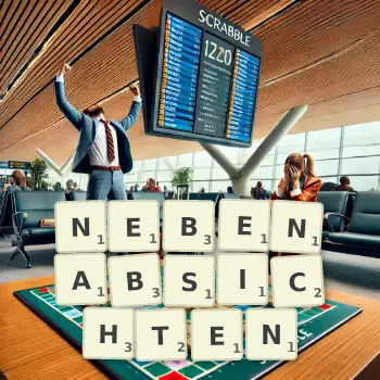 Kreative Illustration für ein Scrabble-Spiel, bei dem das Wort NEBENABSICHTEN mit Steinen auf dem Brett gelegt wurde.