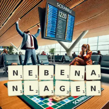 Kreative Illustration für ein Scrabble-Spiel, bei dem das Wort NEBENANLAGEN mit Steinen auf dem Brett gelegt wurde.