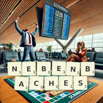 Kreative Illustration für ein Scrabble-Spiel, bei dem das Wort NEBENBACHES mit Steinen auf dem Brett gelegt wurde.