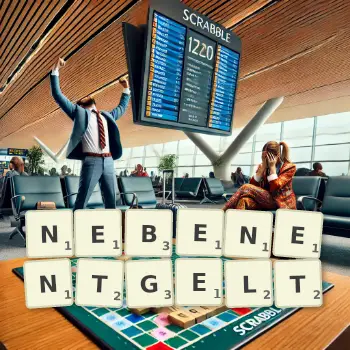 Kreative Illustration für ein Scrabble-Spiel, bei dem das Wort NEBENENTGELT mit Steinen auf dem Brett gelegt wurde.