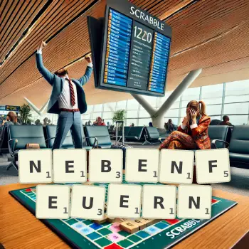 Kreative Illustration für ein Scrabble-Spiel, bei dem das Wort NEBENFEUERN mit Steinen auf dem Brett gelegt wurde.