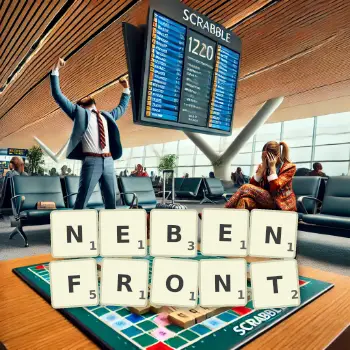 Kreative Illustration für ein Scrabble-Spiel, bei dem das Wort NEBENFRONT mit Steinen auf dem Brett gelegt wurde.