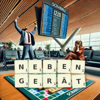 Kreative Illustration für ein Scrabble-Spiel, bei dem das Wort NEBENGERÄT mit Steinen auf dem Brett gelegt wurde.