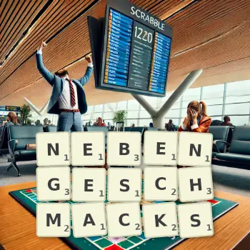 Kreative Illustration für ein Scrabble-Spiel, bei dem das Wort NEBENGESCHMACKS mit Steinen auf dem Brett gelegt wurde.