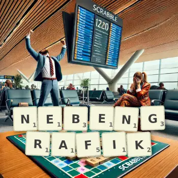 Kreative Illustration für ein Scrabble-Spiel, bei dem das Wort NEBENGRAFIK mit Steinen auf dem Brett gelegt wurde.