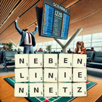 Kreative Illustration für ein Scrabble-Spiel, bei dem das Wort NEBENLINIENNETZ mit Steinen auf dem Brett gelegt wurde.