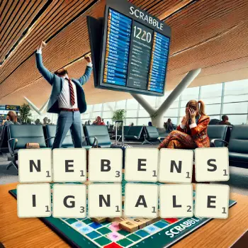 Kreative Illustration für ein Scrabble-Spiel, bei dem das Wort NEBENSIGNALE mit Steinen auf dem Brett gelegt wurde.