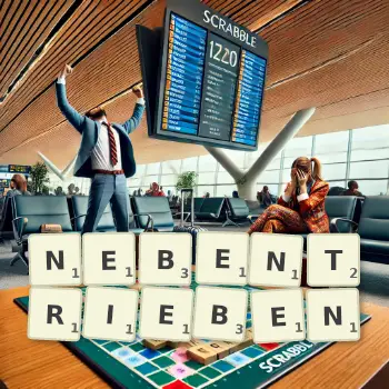 Kreative Illustration für ein Scrabble-Spiel, bei dem das Wort NEBENTRIEBEN mit Steinen auf dem Brett gelegt wurde.