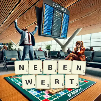 Kreative Illustration für ein Scrabble-Spiel, bei dem das Wort NEBENWERT mit Steinen auf dem Brett gelegt wurde.