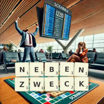 Kreative Illustration für ein Scrabble-Spiel, bei dem das Wort NEBENZWECK mit Steinen auf dem Brett gelegt wurde.