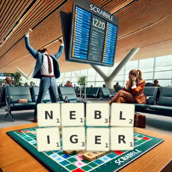 Kreative Illustration für ein Scrabble-Spiel, bei dem das Wort NEBLIGER mit Steinen auf dem Brett gelegt wurde.