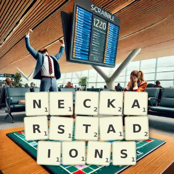 Kreative Illustration für ein Scrabble-Spiel, bei dem das Wort NECKARSTADIONS mit Steinen auf dem Brett gelegt wurde.