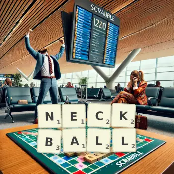 Kreative Illustration für ein Scrabble-Spiel, bei dem das Wort NECKBALL mit Steinen auf dem Brett gelegt wurde.