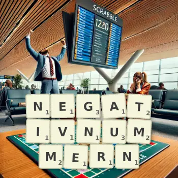 Kreative Illustration für ein Scrabble-Spiel, bei dem das Wort NEGATIVNUMMERN mit Steinen auf dem Brett gelegt wurde.