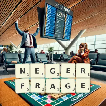 Kreative Illustration für ein Scrabble-Spiel, bei dem das Wort NEGERFRAGE mit Steinen auf dem Brett gelegt wurde.