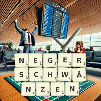 Kreative Illustration für ein Scrabble-Spiel, bei dem das Wort NEGERSCHWÄNZEN mit Steinen auf dem Brett gelegt wurde.