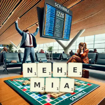 Kreative Illustration für ein Scrabble-Spiel, bei dem das Wort NEHEMIA mit Steinen auf dem Brett gelegt wurde.