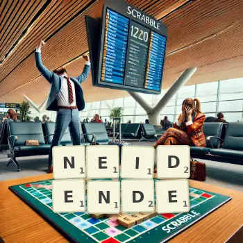 Kreative Illustration für ein Scrabble-Spiel, bei dem das Wort NEIDENDE mit Steinen auf dem Brett gelegt wurde.