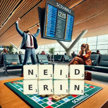 Kreative Illustration für ein Scrabble-Spiel, bei dem das Wort NEIDERIN mit Steinen auf dem Brett gelegt wurde.