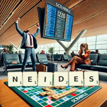 Kreative Illustration für ein Scrabble-Spiel, bei dem das Wort NEIDES mit Steinen auf dem Brett gelegt wurde.