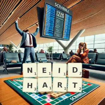 Kreative Illustration für ein Scrabble-Spiel, bei dem das Wort NEIDHART mit Steinen auf dem Brett gelegt wurde.