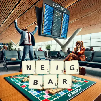Kreative Illustration für ein Scrabble-Spiel, bei dem das Wort NEIGBAR mit Steinen auf dem Brett gelegt wurde.