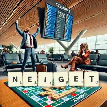 Kreative Illustration für ein Scrabble-Spiel, bei dem das Wort NEIGET mit Steinen auf dem Brett gelegt wurde.