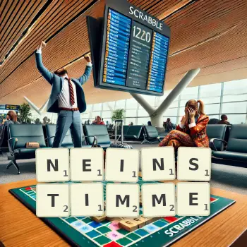 Kreative Illustration für ein Scrabble-Spiel, bei dem das Wort NEINSTIMME mit Steinen auf dem Brett gelegt wurde.