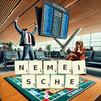 Kreative Illustration für ein Scrabble-Spiel, bei dem das Wort NEMEISCHE mit Steinen auf dem Brett gelegt wurde.