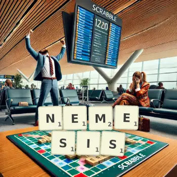 Kreative Illustration für ein Scrabble-Spiel, bei dem das Wort NEMESIS mit Steinen auf dem Brett gelegt wurde.