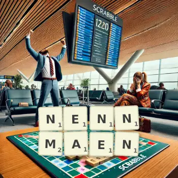 Kreative Illustration für ein Scrabble-Spiel, bei dem das Wort NENNMAEN mit Steinen auf dem Brett gelegt wurde.