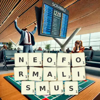 Kreative Illustration für ein Scrabble-Spiel, bei dem das Wort NEOFORMALISMUS mit Steinen auf dem Brett gelegt wurde.