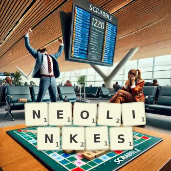 Kreative Illustration für ein Scrabble-Spiel, bei dem das Wort NEOLINKES mit Steinen auf dem Brett gelegt wurde.