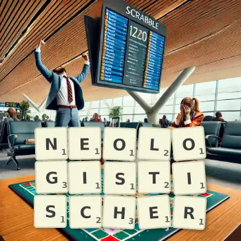 Kreative Illustration für ein Scrabble-Spiel, bei dem das Wort NEOLOGISTISCHER mit Steinen auf dem Brett gelegt wurde.