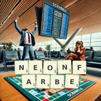 Kreative Illustration für ein Scrabble-Spiel, bei dem das Wort NEONFARBE mit Steinen auf dem Brett gelegt wurde.