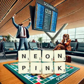 Kreative Illustration für ein Scrabble-Spiel, bei dem das Wort NEONPINK mit Steinen auf dem Brett gelegt wurde.