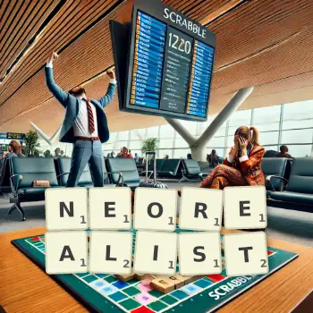 Kreative Illustration für ein Scrabble-Spiel, bei dem das Wort NEOREALIST mit Steinen auf dem Brett gelegt wurde.
