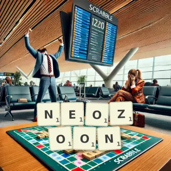 Kreative Illustration für ein Scrabble-Spiel, bei dem das Wort NEOZOON mit Steinen auf dem Brett gelegt wurde.