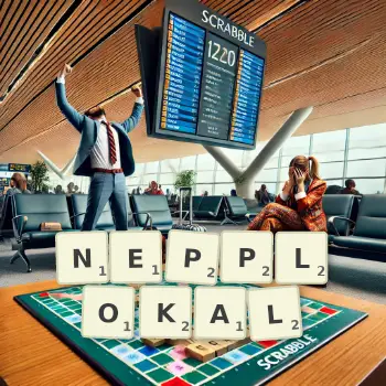 Kreative Illustration für ein Scrabble-Spiel, bei dem das Wort NEPPLOKAL mit Steinen auf dem Brett gelegt wurde.