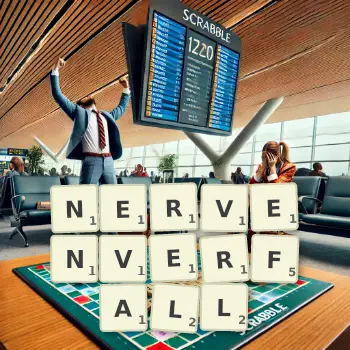 Kreative Illustration für ein Scrabble-Spiel, bei dem das Wort NERVENVERFALL mit Steinen auf dem Brett gelegt wurde.