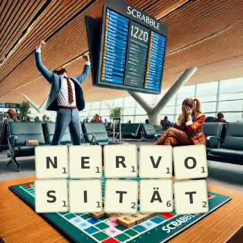 Kreative Illustration für ein Scrabble-Spiel, bei dem das Wort NERVOSITÄT mit Steinen auf dem Brett gelegt wurde.