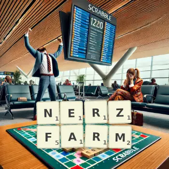 Kreative Illustration für ein Scrabble-Spiel, bei dem das Wort NERZFARM mit Steinen auf dem Brett gelegt wurde.