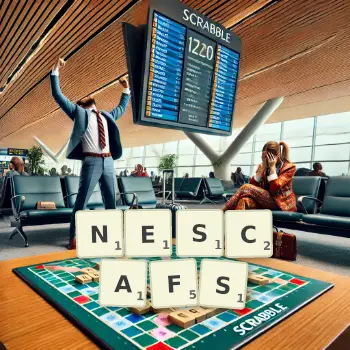 Kreative Illustration für ein Scrabble-Spiel, bei dem das Wort NESCAFS mit Steinen auf dem Brett gelegt wurde.