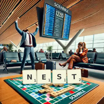 Kreative Illustration für ein Scrabble-Spiel, bei dem das Wort NEST mit Steinen auf dem Brett gelegt wurde.