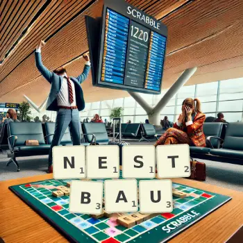 Kreative Illustration für ein Scrabble-Spiel, bei dem das Wort NESTBAU mit Steinen auf dem Brett gelegt wurde.
