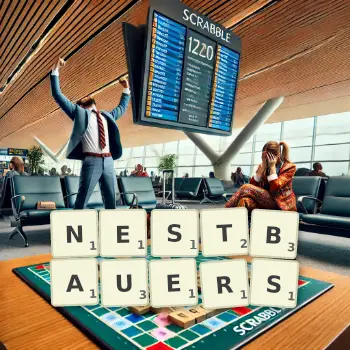 Kreative Illustration für ein Scrabble-Spiel, bei dem das Wort NESTBAUERS mit Steinen auf dem Brett gelegt wurde.